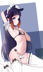 Rule 34 | 1girl, absurdres, alternate costume, arm behind head, armpits, bikini, black ribbon, blush, commentary, english commentary, enmaided, frills, hair flaps, hand on own chest, highres, hololive, hololive english, kneeling, long hair, looking at viewer, maid, maid headdress, micro bikini, multicolored hair, navel, ninomae ina&#039;nis, pointy ears, purple eyes, purple hair, ribbon, smile, solo, swimsuit, takodachi (ninomae ina&#039;nis), tentacle hair, unstableboiler, very long hair, virtual youtuber