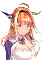 Rule 34 | 1girl, absurdres, ahoge, black hairband, black jacket, blonde hair, blunt bangs, bow, braid, breasts, bright pupils, brooch, chain, chain necklace, cleavage, cleavage cutout, clothing cutout, collared shirt, cropped torso, diagonal-striped bow, dragon girl, dragon horns, fang, gem, hairband, highres, hololive, horn bow, horn ornament, horns, jacket, jewelry, kiryu coco, kiryu coco (1st costume), large breasts, long hair, looking away, looking to the side, momochi (hana tubakino), multicolored eyes, multicolored hair, necklace, orange hair, pointy ears, purple eyes, red eyes, shirt, side braid, sidelocks, sideways glance, simple background, single braid, skin fang, slit pupils, smile, solo, streaked hair, striped, striped bow, upper body, virtual youtuber, white background, white pupils, white shirt