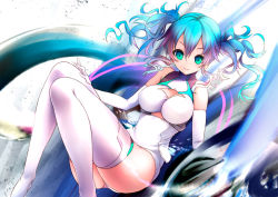 Rule 34 | 1girl, aqua hair, elbow gloves, gloves, green eyes, hatsune miku, racing miku, smile, solo, sora to umi, thighhighs, twintails, vocaloid