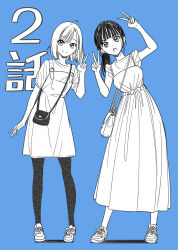 Rule 34 | 2girls, :o, ahoge, alternate hairstyle, arm at side, arms up, bag, black hair, blue background, blunt bangs, bob cut, closed mouth, cross-laced footwear, dot nose, double v, dress, full body, greyscale with colored background, hair up, hand up, highres, idol x idol story!, leaning to the side, legs apart, long dress, long hair, looking at viewer, multiple girls, nagisa mimi, nanakusa ibuki, no socks, official art, overall skirt, pantyhose, pleated dress, ponytail, round teeth, shirt, shoelaces, shoes, short hair, short sleeves, shoulder bag, simple background, smile, sneakers, spaghetti strap, split mouth, standing, swept bangs, teeth, thick eyelashes, tokunou shoutarou, upper teeth only, v, v-shaped eyebrows