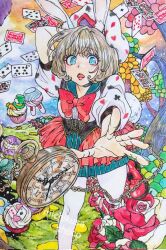 Rule 34 | 1girl, arm behind head, artist name, beret, blue eyes, bow, clock, colored pencil (medium), colorful, dress, goddess of victory: nikke, grey hair, hat, highres, leg up, michikusa choco, open mouth, reaching, reaching towards viewer, red bow, short hair, skirt, solo, traditional media, vesti (nikke), white dress, white hat