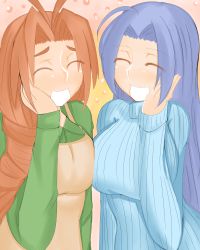 Rule 34 | 2girls, ahoge, apron, ara ara, bad id, bad pixiv id, blue hair, braid, braided ponytail, brown hair, closed eyes, crossover, hand on own cheek, hand on own face, idolmaster, idolmaster (classic), long hair, love hina, miura azusa, multiple girls, nitamehachid, open mouth, otohime mutsumi, parted bangs, ponytail, ribbed sweater, smile, sweater