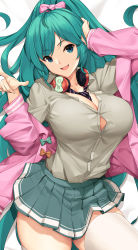 Rule 34 | 1girl, :d, alternate breast size, alternate hairstyle, aqua eyes, aqua hair, between breasts, breasts, commentary, cowboy shot, dakimakura (medium), english commentary, grey shirt, hatsune miku, headphones, headphones around neck, jacket, large breasts, long hair, looking at viewer, lying, necktie, necktie between breasts, no bra, on back, open mouth, pink jacket, pleated skirt, ponytail, shirt, skirt, smile, solo, thighhighs, tony guisado, very long hair, vocaloid, white thighhighs