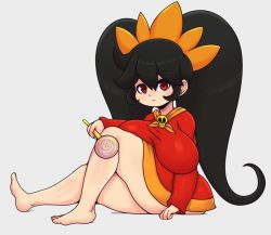 Rule 34 | 1girl, ashley (warioware), barefoot, big hair, black hair, breasts, breasts apart, candy, closed mouth, dress, feet, female focus, food, full body, grey background, hair between eyes, hairband, holding, holding candy, holding food, holding lollipop, huge breasts, lollipop, long hair, long sleeves, looking at viewer, mato spectoru, nintendo, orange hairband, orange neckwear, red dress, red eyes, sidelocks, simple background, sitting, skull, solo, swirl lollipop, thick thighs, thighs, toes, twintails, very long hair, warioware