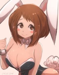 Rule 34 | 1girl, animal ears, artist name, bare shoulders, blush stickers, boku no hero academia, bow, bowtie, breasts, brown eyes, brown hair, cleavage, closed mouth, detached collar, fake animal ears, female focus, highres, large breasts, leotard, looking at viewer, matching hair/eyes, omiza somi, playboy bunny, rabbit tail, short hair, sidelocks, simple background, smile, solo, strapless, strapless leotard, uraraka ochako, white background, white bow, white bowtie, wrist cuffs
