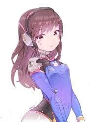 Rule 34 | 1girl, animal print, armor, artist name, bad id, bad twitter id, bodysuit, bracer, breasts, brown hair, commentary request, covered navel, d.va (overwatch), eyebrows, facepaint, facial mark, gloves, headphones, highres, korean text, long hair, long sleeves, looking at viewer, navel, overwatch, overwatch 1, panza, pauldrons, pilot suit, pink background, pink eyes, rabbit print, revision, ribbed bodysuit, shoulder armor, shoulder pads, signature, simple background, small breasts, smile, solo, swept bangs, teeth, triangle mouth, turtleneck, twitter username, two-tone background, upper body, whisker markings, white background, white gloves