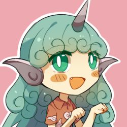 Rule 34 | 1girl, blush, blush stickers, clenched hands, cloud print, collared shirt, curly hair, fang, green eyes, green hair, horns, kariyushi shirt, keiko (emoticon), komano aunn, long hair, lowres, open mouth, pink background, red shirt, shirt, short sleeves, simple background, single horn, smile, solo, touhou, upper body
