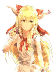 Rule 34 | 1girl, absurdres, bare shoulders, blonde hair, bow, commentary, gourd, hair bow, hand up, highres, holding gourd, horn ornament, horn ribbon, horns, ibuki suika, long hair, looking at viewer, neckerchief, oni horns, open mouth, purple ribbon, red bow, red ribbon, ribbon, shimoda masaya, shirt, solo, torn clothes, torn sleeves, touhou, upper body, white background, white shirt, wrist cuffs, yellow eyes