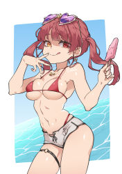 Rule 34 | 1girl, :q, absurdres, bikini, breasts, dolphin shorts, earrings, eyewear on head, food, heart, heart-shaped eyewear, heterochromia, highres, hololive, houshou marine, houshou marine (summer), jewelry, large breasts, long hair, looking at viewer, necklace, o-ring, o-ring thigh strap, ocean, popsicle, red bikini, red eyes, red hair, short shorts, shorts, smile, solo, string bikini, sunglasses, swimsuit, thigh strap, tongue, tongue out, twintails, virtual youtuber, white shorts, yellow eyes, zoe (killyou80)