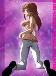 Rule 34 | 1girl, ass, blue eyes, breasts, butt crack, from behind, hair ornament, hairclip, katou marika, kneeling, large breasts, legs, liner125, long hair, looking at viewer, looking back, miniskirt pirates, nanashiro gorou, red hair, solo, thighs, topless