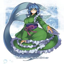 Rule 34 | 1girl, blue eyes, blue hair, blush, breasts, bubble, character name, commentary request, curly hair, fish, frilled kimono, frills, japanese clothes, kimono, light reflection (water), long sleeves, looking at viewer, matching hair/eyes, mermaid, monster girl, obi, one-hour drawing challenge, open hands, ribbon, sash, seaweed, signature, smile, solo, touhou, umigarasu (kitsune1963), underwater, wakasagihime, water, wide sleeves