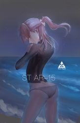 Rule 34 | 1girl, absurdres, ass, back, beach, black one-piece swimsuit, butt crack, character name, closed mouth, feet out of frame, girls&#039; frontline, grey panties, hand in own hair, hetare galm sue, highres, long hair, looking at viewer, looking to the side, night, night sky, seafloor, one-piece swimsuit, panties, pink hair, ponytail, purple eyes, sky, solo, st ar-15 (girls&#039; frontline), standing, star (sky), starry sky, swimsuit, underwear
