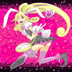 Rule 34 | 1girl, aida mana, alice in wonderland, alternate costume, animal ears, black skirt, blonde hair, boots, bow, bowtie, rabbit ears, rabbit tail, clock, cosplay, crossover, cure heart, curly hair, dokidoki! precure, frills, gloves, hair ornament, half updo, happy, heart, high heels, jewelry, kasetsu, long hair, midriff, navel, open mouth, pink background, pink eyes, pink legwear, precure, puffy sleeves, ribbon, skirt, smile, solo, star (symbol), tail, white gloves, white rabbit (alice in wonderland), white rabbit (cosplay), wrist cuffs