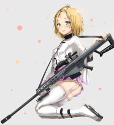 Rule 34 | 1girl, anti-materiel rifle, ass, barrett m82, blonde hair, blush, boots, garter straps, green eyes, grey background, gun, highres, knee boots, looking at viewer, muzzle device, original, reinama, rifle, scope, short hair, simple background, smile, sniper rifle, solo, thighhighs, tongue, tongue out, transparent background, weapon, white footwear, white thighhighs