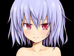 Rule 34 | 1girl, black background, blue hair, blush, collarbone, fang, female focus, gin&#039;you haru, looking at viewer, no headwear, nude, portrait, purple hair, red eyes, remilia scarlet, short hair, simple background, slit pupils, solo, sweatdrop, touhou