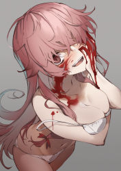 Rule 34 | 1girl, amagasa yun, bare arms, bare shoulders, blood, blood on face, blood on hands, bra, breasts, cleavage, collarbone, commentary request, from above, gasai yuno, grey background, hair over one eye, highres, long hair, looking at viewer, mirai nikki, navel, panties, pink eyes, pink hair, red eyes, shaded face, simple background, smile, solo, standing, teeth, underwear, underwear only, upper teeth only, very long hair, white bra, white panties