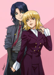 Rule 34 | 1boy, 1girl, absurdres, athrun zala, blonde hair, blue hair, cagalli yula athha, couple, formal, green eyes, grey jacket, gundam, gundam seed, gundam seed freedom, hand on another&#039;s hand, hand on another&#039;s shoulder, highres, holding hands, jacket, looking at another, pant suit, pants, red tie, short hair, smile, suit, tokuoka kouhei, yellow eyes