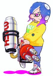 Rule 34 | 1girl, absurdres, blue hair, blue pants, breasts, cephalopod eyes, closed mouth, cross-laced footwear, eyelashes, full body, gradient hair, gun, highres, holding, holding gun, holding weapon, hydra splatling (splatoon), medium breasts, medium hair, multicolored hair, naito gambo, nintendo, octoling, octoling girl, octoling player character, pants, pink eyes, pink hair, plump, print sweater, red footwear, shoes, simple background, smile, solo, splatoon (series), splatoon 3, standing, standing on one leg, sweater, tentacle hair, thick eyebrows, two-tone footwear, two-tone hair, weapon, white background, white footwear, yellow sweater