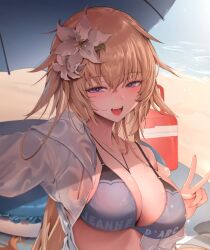 Rule 34 | 1girl, absurdres, bare shoulders, bikini, blonde hair, blue eyes, blush, breasts, cleavage, collarbone, fate/grand order, fate (series), grey bikini, highres, jeanne d&#039;arc (fate), jeanne d&#039;arc (ruler) (fate), large breasts, long hair, looking at viewer, open mouth, smile, solo, swimsuit, very long hair, zerocat