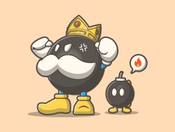 Rule 34 | anger vein, arms up, blank eyes, bob-omb, bomb, catalystvibes, clenched hands, crown, explosive, facial hair, fire, fire, fuse, gloves, half-closed eyes, king bob-omb, mario (series), mustache, nintendo, orange background, pointy footwear, shadow, shoes, simple background, size difference, speech bubble, standing, super mario 64, white eyes, white gloves, winding key, yellow footwear