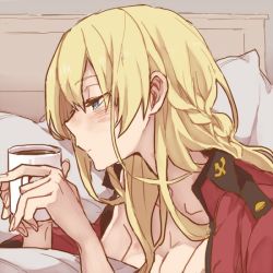 Rule 34 | 10s, 1girl, bed, blonde hair, blue eyes, blush, braid, breasts, coffee, coffee mug, commentary request, cup, darjeeling (girls und panzer), girls und panzer, hair down, hickey, holding, jacket, jacket on shoulders, long hair, military, mug, no shirt, pillow, ree (re-19), sleepy, solo, under covers, uniform