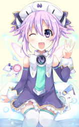 Rule 34 | 1girl, absurdres, alternate hairstyle, arm up, bare shoulders, bimmy, blush, book, commentary, cosplay, detached sleeves, dress, english commentary, fairy wings, green necktie, hair between eyes, headgear, highres, histoire, histoire (cosplay), looking at viewer, necktie, neptune (neptunia), neptune (series), one eye closed, open book, open mouth, purple dress, purple eyes, purple hair, short hair, sidelocks, simple background, sitting on book, solo, twintails, w, white background, wings