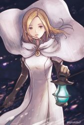 Rule 34 | 1girl, ankh, blonde hair, breasts, cleric, commentary, dress, gloves, long hair, looking at viewer, ma-hain-scarlet, octopath traveler, octopath traveler i, ophilia (octopath traveler), priestess, robe, solo, white dress