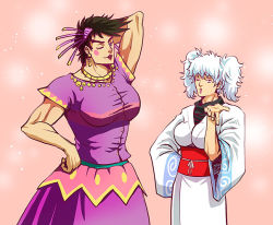 Rule 34 | 2boys, arm behind head, breasts, brown hair, crossdressing, crossover, dress, gintama, hair ornament, japanese clothes, jojo no kimyou na bouken, joseph joestar, joseph joestar (tequila), joseph joestar (young), kimono, large breasts, long hair, makeup, male focus, multiple boys, muscular, nemiart, obi, one eye closed, sakata gintoki, sash, size difference, sugita tomokazu, twintails, voice actor connection, white hair, wink