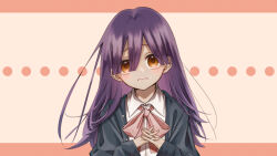 Rule 34 | 1girl, absurdres, blush, brown eyes, highres, jacket, long hair, long sleeves, looking at viewer, original, own hands together, purple hair, putty (kusanntonn), school, solo, upper body, wavy mouth