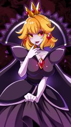 Rule 34 | 1girl, blonde hair, colored sclera, colored skin, crown, dress, earrings, elbow gloves, finger to mouth, gloves, heart, high collar, highres, jewelry, paper mario, paper mario: the thousand year door, princess peach, purple dress, purple skin, red eyes, shadow queen, smile, tanpopo hayabusa-maru, white gloves, yellow sclera
