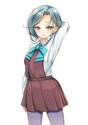 Rule 34 | 1girl, absurdres, aqua bow, aqua bowtie, arm behind head, blue bow, blue bowtie, bow, bowtie, breasts, cowboy shot, dress, forehead, grey hair, grey pantyhose, halterneck, highres, kantai collection, mole, mole on neck, pantyhose, pleated dress, shirt, short hair, simple background, small breasts, smile, solo, swept bangs, tamanami (kancolle), white background, white shirt, yashin (yasinz), yellow eyes