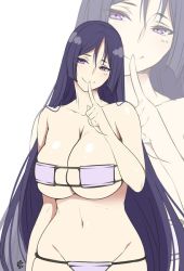 Rule 34 | 1girl, bare shoulders, bikini, breasts, cleavage, collarbone, commentary request, eyepatch bikini, fate/grand order, fate (series), finger to mouth, half-closed eyes, head tilt, hip focus, huge breasts, long hair, looking at viewer, minamoto no raikou (fate), navel, purple eyes, purple hair, signature, skindentation, smile, solo, suzuki nene, swimsuit, very long hair, white background, white bikini