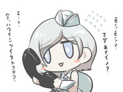 Rule 34 | 1girl, abyssal pacific princess, abyssal ship, antique phone, blue eyes, blush stickers, capelet, chibi, comic, commentary request, flying sweatdrops, garrison cap, goma (gomasamune), grey hair, hat, highres, holding, holding phone, kantai collection, necktie, open mouth, phone, rotary phone, short hair, sleeveless, smile, solo, translation request, upper body, white background, wrist cuffs