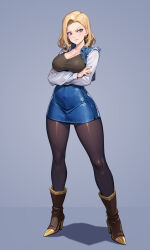 Rule 34 | 1girl, absurdres, android 18, blonde hair, boots, breasts, cleavage, closed mouth, collarbone, commentary request, cropped jacket, crossed arms, dark night (darkotl), dragon ball, dragonball z, earrings, fingernails, full body, grey background, grey eyes, high heel boots, high heels, highres, jacket, jewelry, knee boots, lips, long sleeves, medium breasts, medium hair, miniskirt, nail polish, pantyhose, shadow, shiny clothes, simple background, skirt, sleeveless, sleeveless jacket, solo, standing