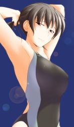 Rule 34 | 1girl, adjusting hair, amagami, armpits, arms up, black eyes, black hair, blush, breasts, competition swimsuit, female focus, highres, large breasts, long hair, looking at viewer, one-piece swimsuit, ponytail, sasaki akira (ugc), simple background, smile, solo, swimsuit, tsukahara hibiki