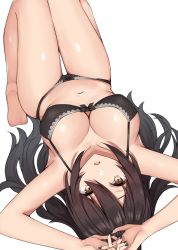 Rule 34 | 1girl, arms up, bare legs, barefoot, black bra, black hair, black nails, black panties, bow, bow bra, bra, breasts, cleavage, collarbone, commentary request, eyebrows hidden by hair, hair between eyes, highres, idolmaster, idolmaster shiny colors, kanikou, knees up, large breasts, long hair, looking at viewer, lying, nail polish, navel, on back, own hands together, panties, parted lips, ponytail, shiny skin, shirase sakuya, sideboob, sidelocks, simple background, solo, thigh gap, underwear, underwear only, upside-down, white background, yellow eyes