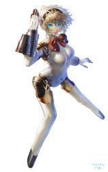 Rule 34 | 1girl, absurdres, aegis (persona), android, arm up, blonde hair, blue eyes, bow, bowtie, breasts, collar, dated, detached collar, drum magazine, floating hair, full body, glowing, glowing eyes, gun, hairband, highres, joints, looking at viewer, magazine (weapon), medium breasts, navel, no feet, persona, persona 3, red bow, red bowtie, robot joints, saran wrap (sf seijin), short hair, signature, simple background, smile, solo, standing, weapon, white background, white collar