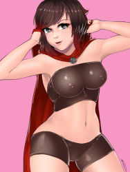 Rule 34 | 1girl, bare shoulders, black eyes, breasts, brown hair, female focus, highres, medium breasts, nail polish, navel, nipples, pussy, ruby rose, rwby, see-through, shonomi, solo, text focus, uncensored