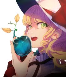 Rule 34 | apple, blonde hair, bow, breasts, commentary request, curly hair, dress, drill hair, drill sidelocks, eating, elly (touhou), eyelashes, food, fruit, hat, hat bow, highres, holding, holding food, holding fruit, long sleeves, medium breasts, medium hair, open mouth, portrait, red bow, red dress, shi (shi4557), sidelocks, sun hat, touhou, touhou (pc-98), transparent background, v-shaped eyebrows, white headwear, yellow eyes