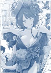 Rule 34 | 1boy, 1girl, bare shoulders, blue theme, bodypaint, breasts, calligraphy brush, comic, commentary request, fate/grand order, fate (series), flower, fujimaru ritsuka (male), grin, hair flower, hair ornament, japanese clothes, katsushika hokusai (fate), kimono, looking at viewer, medium breasts, messy room, monochrome, no eyes, obi, octopus, open clothes, open kimono, paintbrush, pov, revision, sash, short hair, silent comic, smile, syatey, teasing, undressing
