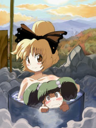 Rule 34 | 2girls, bare shoulders, barrel, bath, bathing, blonde hair, blush, bow, brown eyes, collarbone, drum (container), embarrassed, female focus, green hair, hair bobbles, hair bow, hair ornament, in container, kisume, kurodani yamame, multiple girls, nude, outdoors, same-sex bathing, shape, shared bathing, syope, touhou, twintails, two side up