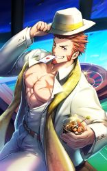 Rule 34 | 1boy, abs, bara, beard, belt, blue eyes, blush, brown hair, card, cowboy shot, cup, drinking glass, drinking straw, facial hair, fate/grand order, fate (series), hat, highres, holding, holding clothes, holding hat, ice, large pectorals, long sideburns, long sleeves, looking at viewer, male focus, muscular, napoleon bonaparte (fate), official alternate costume, one eye closed, open clothes, pants, pectorals, playing card, scar, scarf, sideburns, smile, solo, teeth, thighs, uniform, upper body, waku (ayamix)