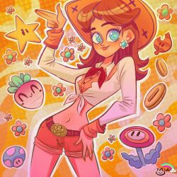 Rule 34 | 1-up mushroom, 1girl, belt, blue eyes, breasts, coin, cowboy hat, daisy, earrings, fire flower, flower, flower earrings, food, gold coin, grin, hand on own hip, hat, highres, jewelry, looking at viewer, mario (series), medium breasts, midriff, mushroom, navel, nintendo, princess daisy, shorts, smile, solo, standing, super star (mario), super leaf, thigh gap, tomboy, turnip, vegetable