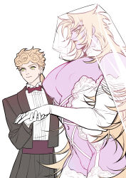 Rule 34 | 2boys, blonde hair, bridal veil, colored skin, cuntboy, cuntboy with male, dio brando, elbow gloves, father and son, formal, giorno giovanna, gloves, green eyes, hand grab, heaven ascended dio, height difference, highres, huang lia, incest, jojo no kimyou na bouken, jojo no kimyou na bouken: eyes of heaven, large pectorals, long hair, multiple boys, muscular, muscular male, navel, nipples, pectorals, purple skin, pussy, size difference, smile, suit, thick thighs, thighhighs, thighs, veil, vento aureo, very long hair, white gloves