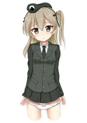 Rule 34 | 10s, 1girl, beret, black hat, black necktie, black skirt, blush, bow, bow panties, breasts, brown eyes, closed mouth, collared shirt, commentary request, cropped legs, emblem, flipper, girls und panzer, grey jacket, hair between eyes, hat, head tilt, jacket, japanese tankery league (emblem), light brown hair, long hair, long sleeves, looking at viewer, necktie, one side up, panties, panty pull, pleated skirt, pulling own clothes, selection university military uniform, shimada arisu, shirt, simple background, skirt, small breasts, solo, underwear, white background, white panties, white shirt