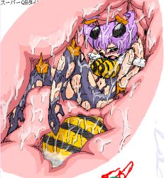 Rule 34 | 1girl, bee, bee girl, blush, breasts, bug, camel (dansen), capcom, cross-section, digestion, dissolving clothes, female focus, bug, arthropod girl, inside creature, lowres, monster girl, navel, open mouth, q-bee, sketch, slime, solo, tears, vampire (game), vore, wince