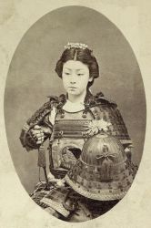 Rule 34 | 1girl, armor, female focus, highres, monochrome, nakano takeko, photo (medium), samurai, solo, tagme, wikipedia