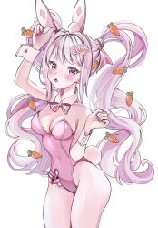 Rule 34 | 1girl, :o, alice (nikke), alice (wonderland bunny) (nikke), animal ears, arm up, bare shoulders, blush, bow, bowtie, breasts, carrot hair ornament, cleavage, collarbone, cozychime, detached collar, fake animal ears, fake tail, food-themed hair ornament, goddess of victory: nikke, hair between eyes, hair intakes, hair ornament, leotard, long hair, medium breasts, nail polish, open mouth, pantyhose, pink bow, pink bowtie, pink eyes, pink hair, pink leotard, pink nails, playboy bunny, rabbit ears, rabbit tail, sidelocks, solo, strapless, strapless leotard, tail, twintails, white pantyhose