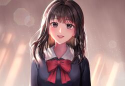 Rule 34 | 1girl, 4b, akagi haruko, black shirt, bow, brown eyes, brown hair, collared shirt, commentary request, long hair, looking at viewer, parted lips, red bow, shirt, slam dunk (series), smile, solo, teeth, upper body, upper teeth only