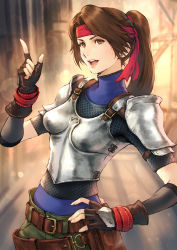 Rule 34 | 1girl, armor, black gloves, boobplate, breastplate, brown eyes, brown hair, chainmail, earrings, final fantasy, final fantasy vii, final fantasy vii remake, fingerless gloves, gloves, graphite (medium), hand on own hip, headband, highres, jessie rasberry, jewelry, lips, long hair, looking at viewer, makimura shunsuke, mechanical pencil, open mouth, pencil, ponytail, solo, stud earrings, teeth, traditional media, upper body, upper teeth only